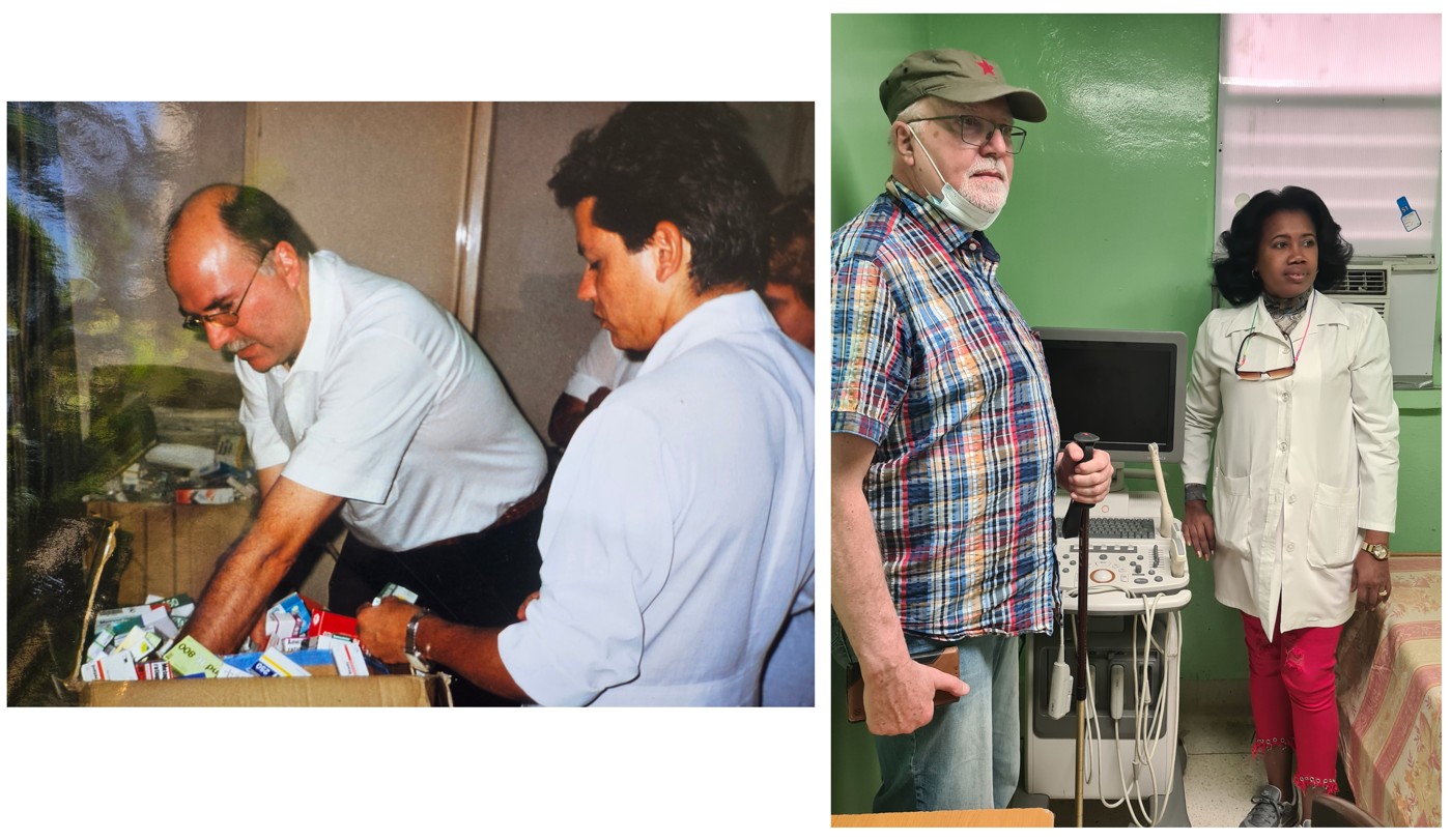 Das Bild zeigt Dr. Klaus Piel 1998 und 2024 im Einsatz für Kuba